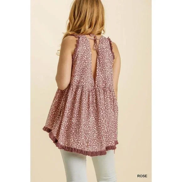 NWT Umgee Rose Animal Print V-Neck Sleeveless Back String Tie & Fringed Top - Picture 4 of 9